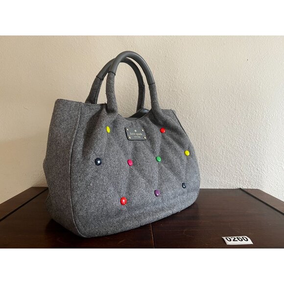 Kate Spade New York Gray Felt Tote Bag With Colorful Buttons & Leather Handles - Picture 10 of 14